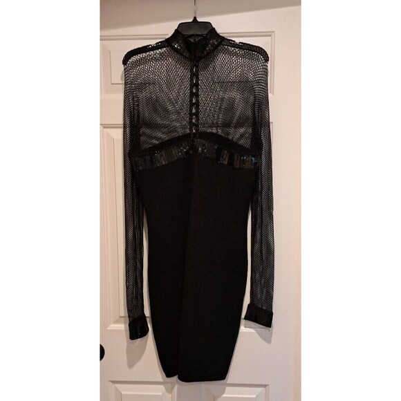 ST JOHN by Marie Gray: Black Dress Size 10 Long Sleeves Sequin Mesh Metallic - Picture 2 of 16